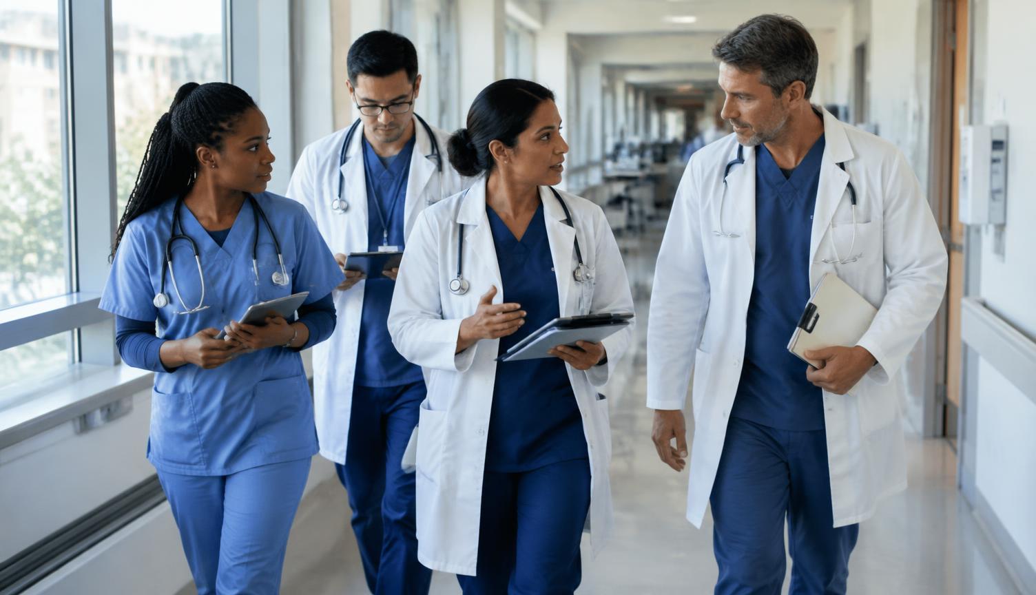 Clinicians discussing a case while walking on morning rounds